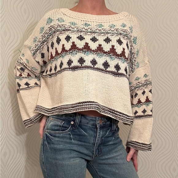 Zara Sweater Cream with Metallic & Regular Threads of Brown Blue Boxy Cut SMALL - Picture 11 of 15